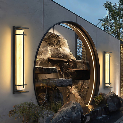 Outdoor LED Porch Lights with Faux Alabaster Column - Modern Mission