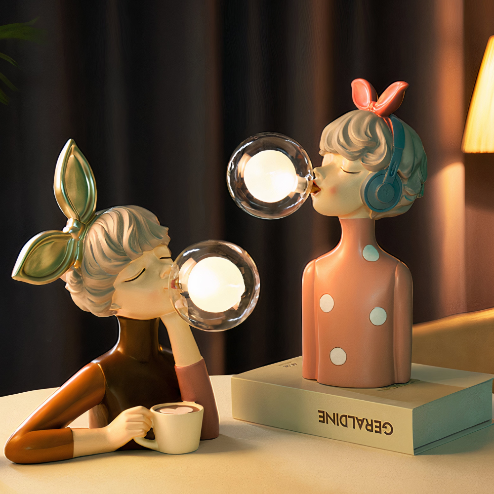 Girl Figurine Lamp with Glass Bubble Orb - Whimsical Pop Art Decor