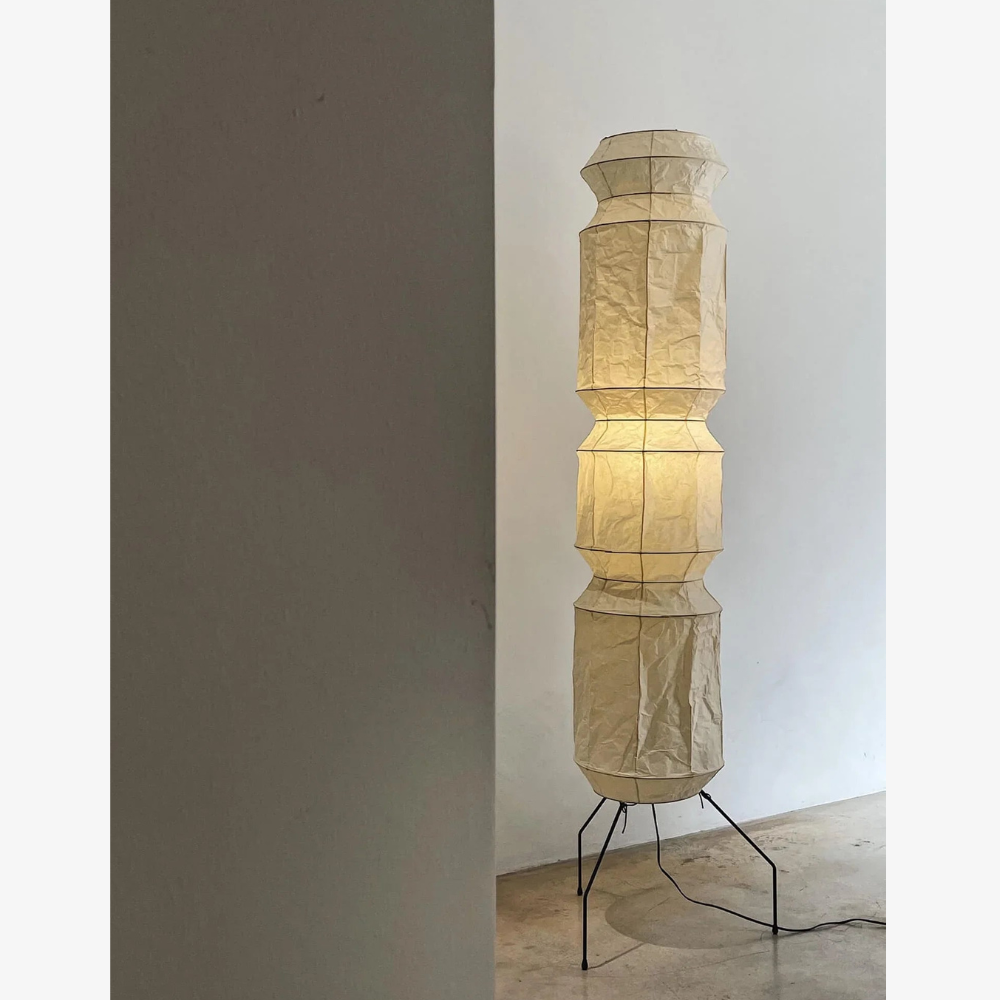 Floor Lamp with Stacked Mulberry Paper Lantern Column and Iron Wire Legs