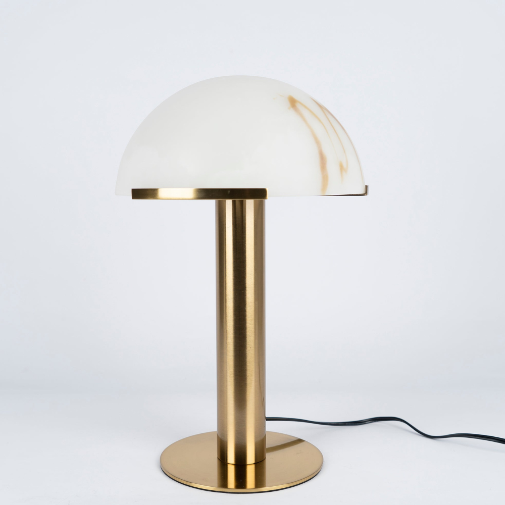 Glass and Alabaster Dome Table Lamp with Metal Base - Mid Century Modern