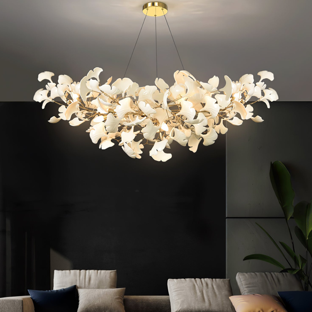 Sputnik Chandelier with Ceramic Ginkgo Leaves - Modern Art Deco