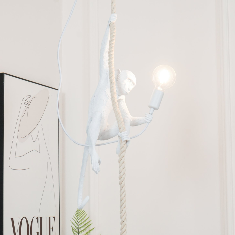 Whimsical Climbing Monkey Rope Pendant - Sculptural Animal Art Hanging Lamp