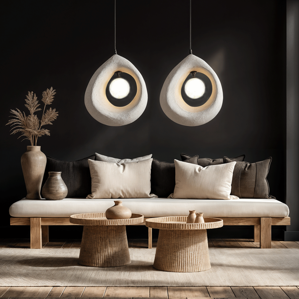 Hollow Stone-Style Hanging Lamp with Glowing Orb - Nordic Earthy Decor