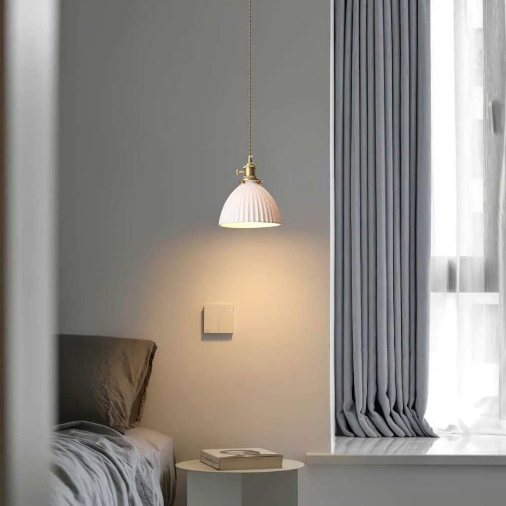 Ribbed Dome Hanging Lamp in White Ceramic - Scandinavian Style Decor