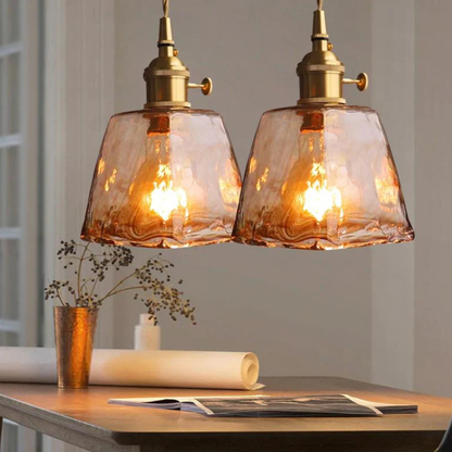 Hammered Glass Pendant Light with Rippled Texture - Vintage Brass Style