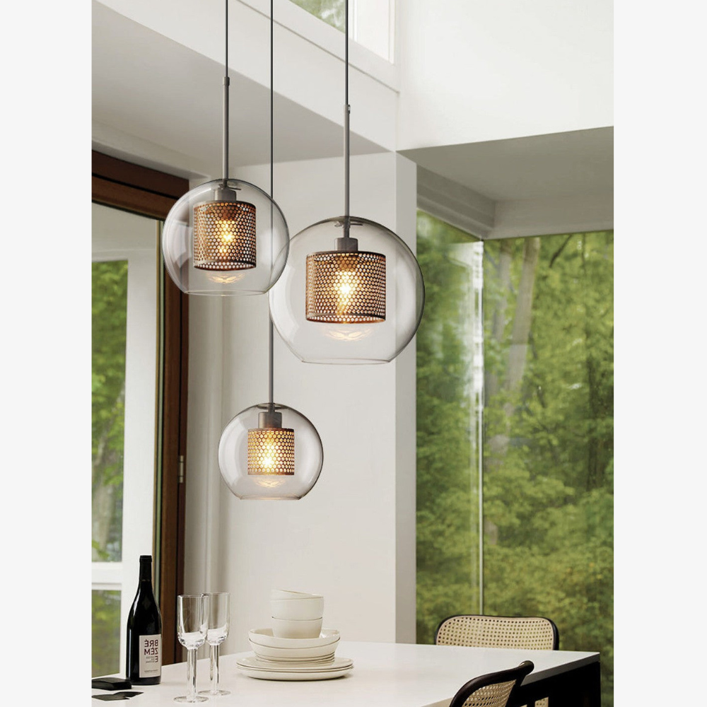 Modern Perforated Metal Glass Pendant - Industrial Layered Mesh Hanging Lamp