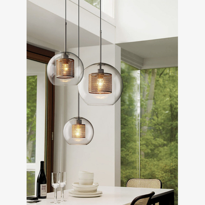 Modern Perforated Metal Glass Pendant - Industrial Layered Mesh Hanging Lamp