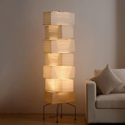 Floor Lamp with Stacked Staggered Rice Paper Lanterns and Metal Hairpin Legs
