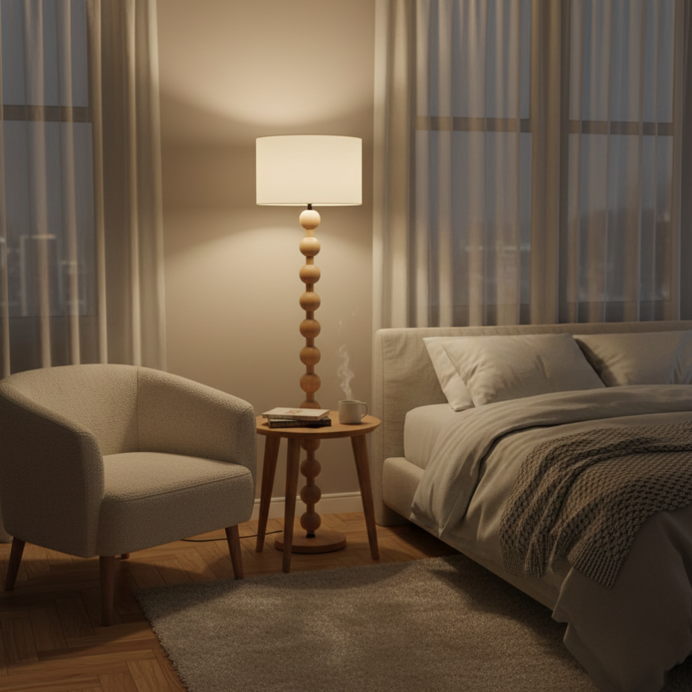 Floor Lamp with Stacked Wooden Spheres and Fabric Drum Shade