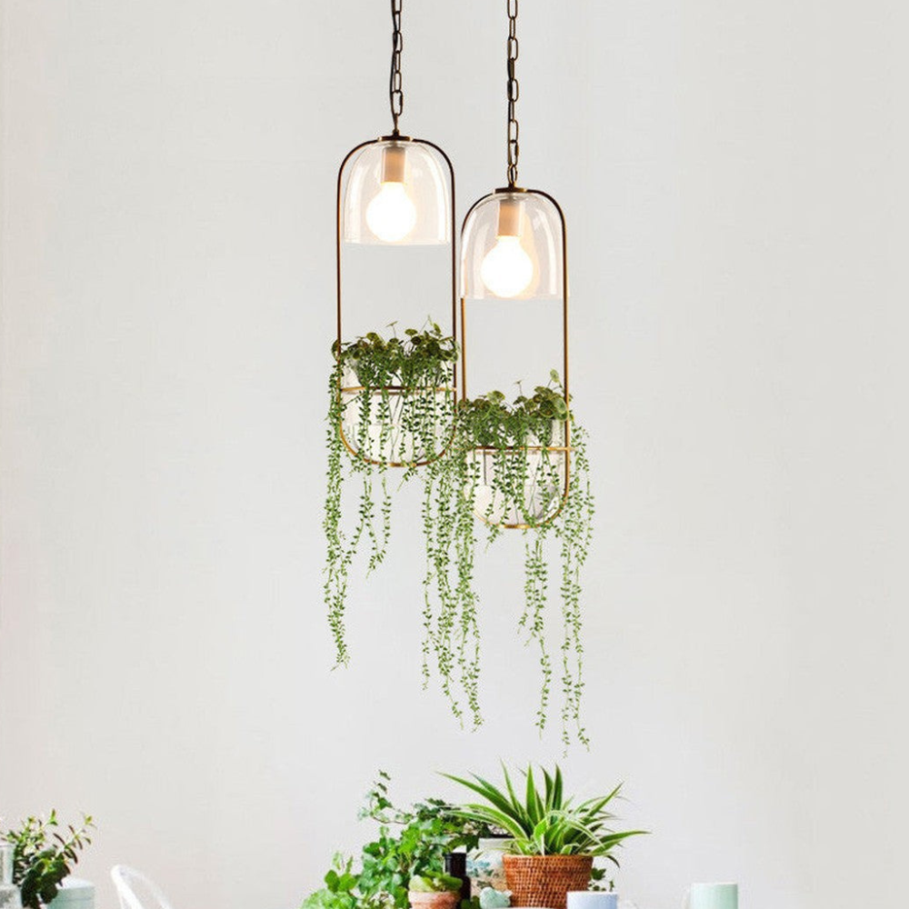 Modern Botanical Planter Pendant Light  - Gold Glass Bowl Pendant Lights