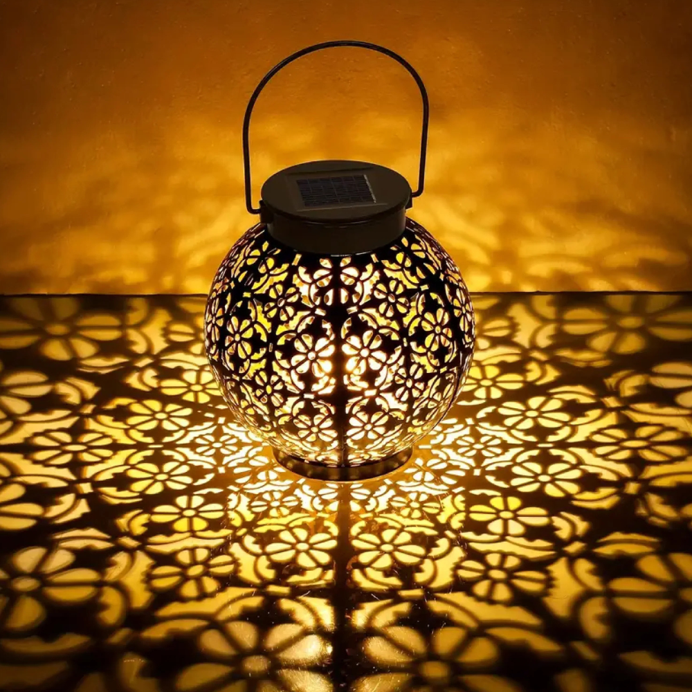 Solar Powered Lantern with Metal Floral Cutout Pattern - Boho Moroccan