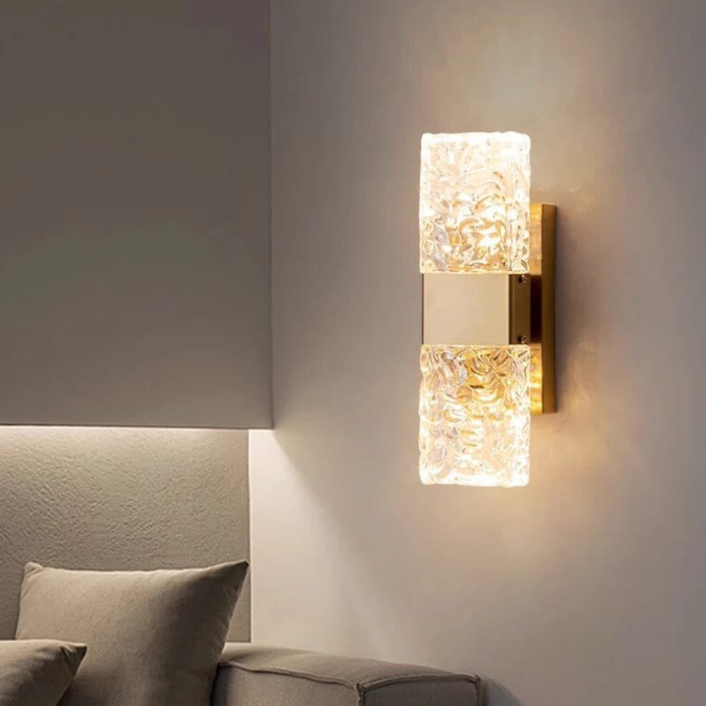 Art Deco Ripple Glass Wall Sconce - Dual Ice Crystal Block Light