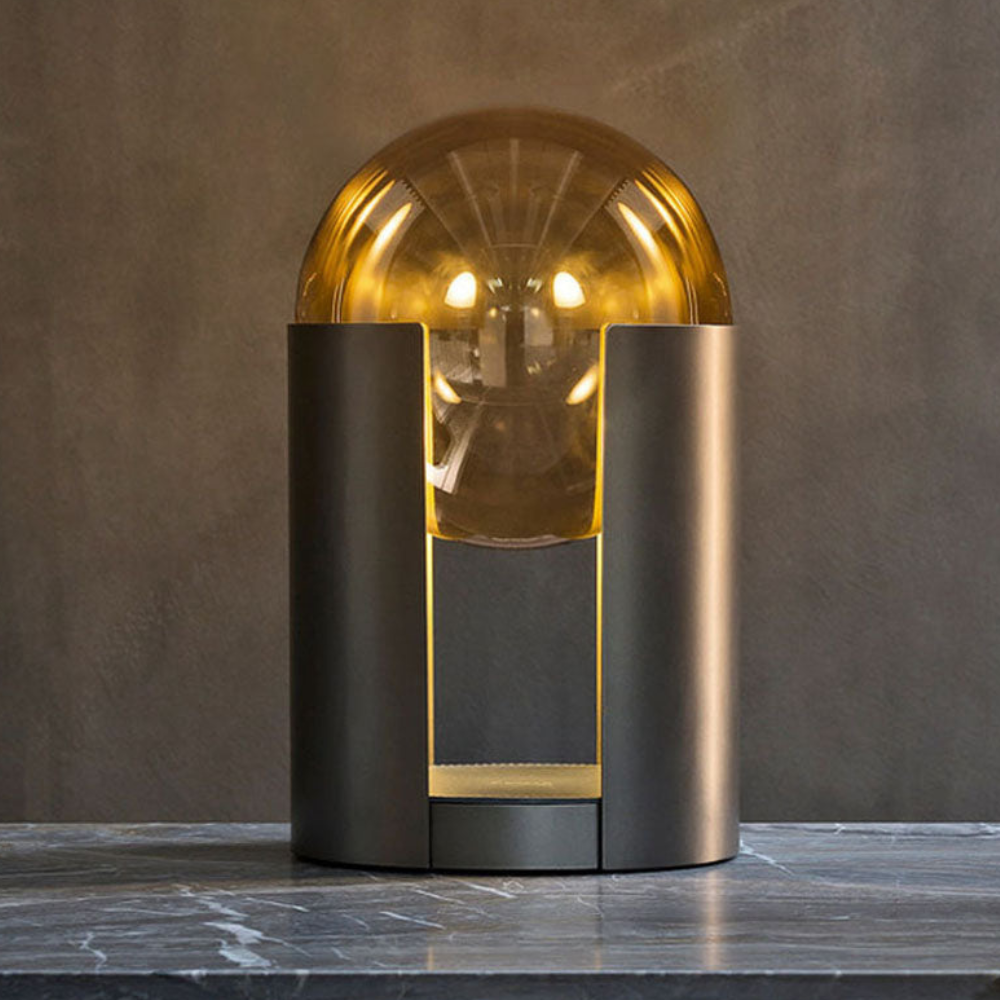 Post-Modern Amber Glass Table Lamp - Matte Black Cylinder Dome Light