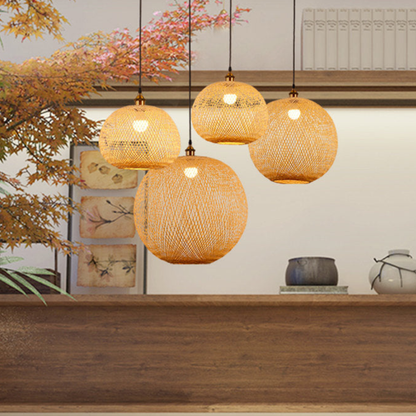 Hand-Woven Bamboo Sphere Pendant - Modern Lattice Hanging Lamp