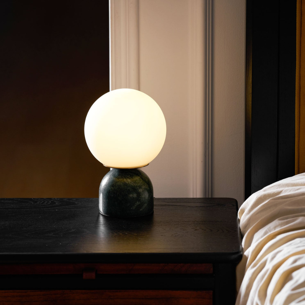 Mid-Century Modern Marble Table Lamp - Round Glass Globe Bedside Light
