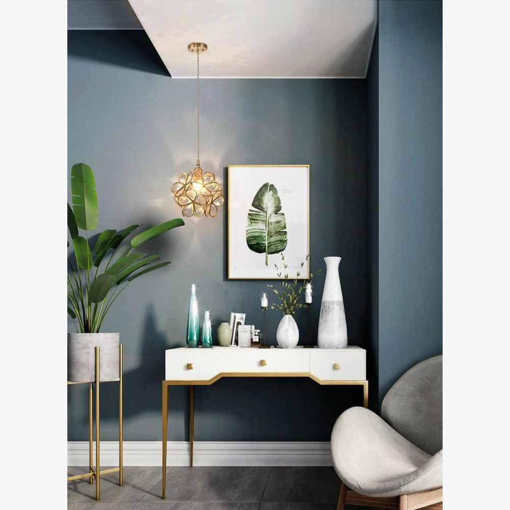 Floral Glass Hanging Lamp with Brass Hardware - Vintage Modern Art