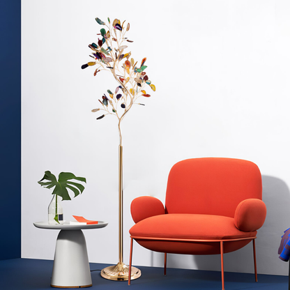 Floor Lamp with Natural Agate Stone Leaves and Metal Branching Frame