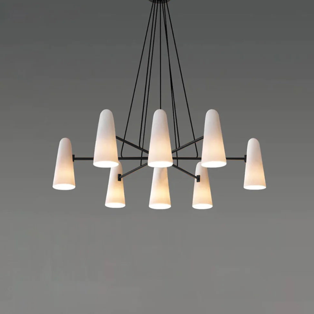 Chandelier with Conical Glass Shades and Metallic Frame - Modern Mid Century