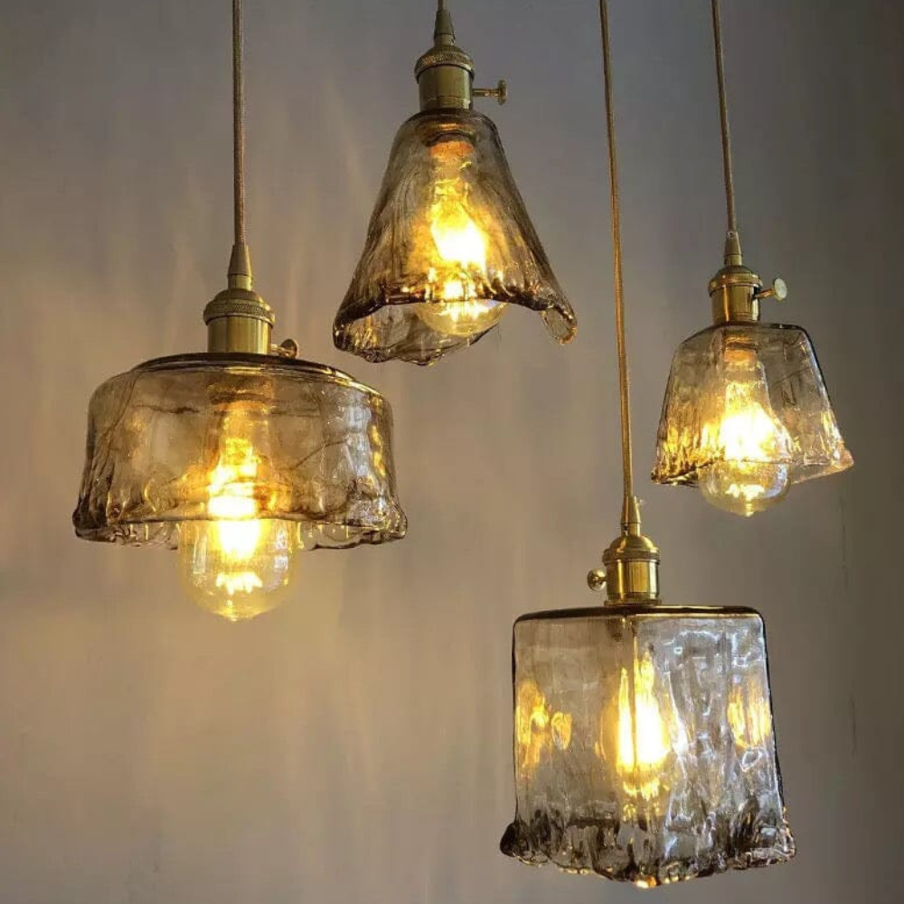 Hammered Glass Pendant Light with Rippled Texture - Vintage Brass Style