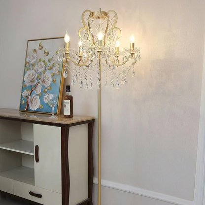 Dimmable Floor Lamp with Ornate Iron Scrollwork and Faceted Crystal Strands