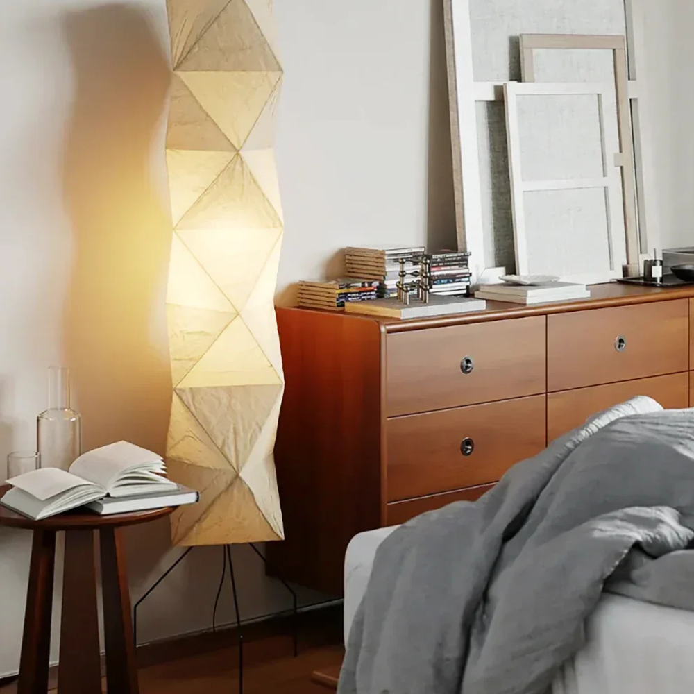 led floor lamp with Origami Rice Paper Shade - Japandi Sculptural Style
