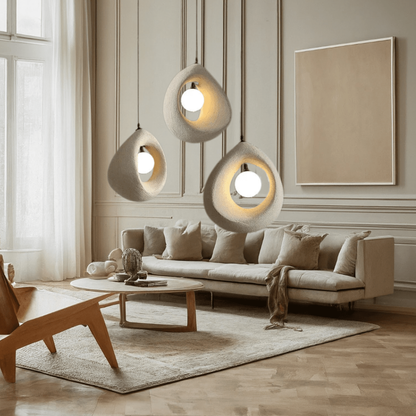 Hollow Stone-Style Hanging Lamp with Glowing Orb - Nordic Earthy Decor