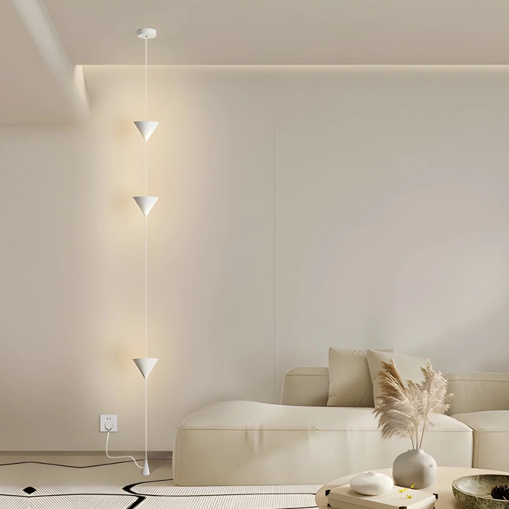 Adjustable Floor Lamp with Floor-to-Ceiling Cable and Geometric Cones - High Modern
