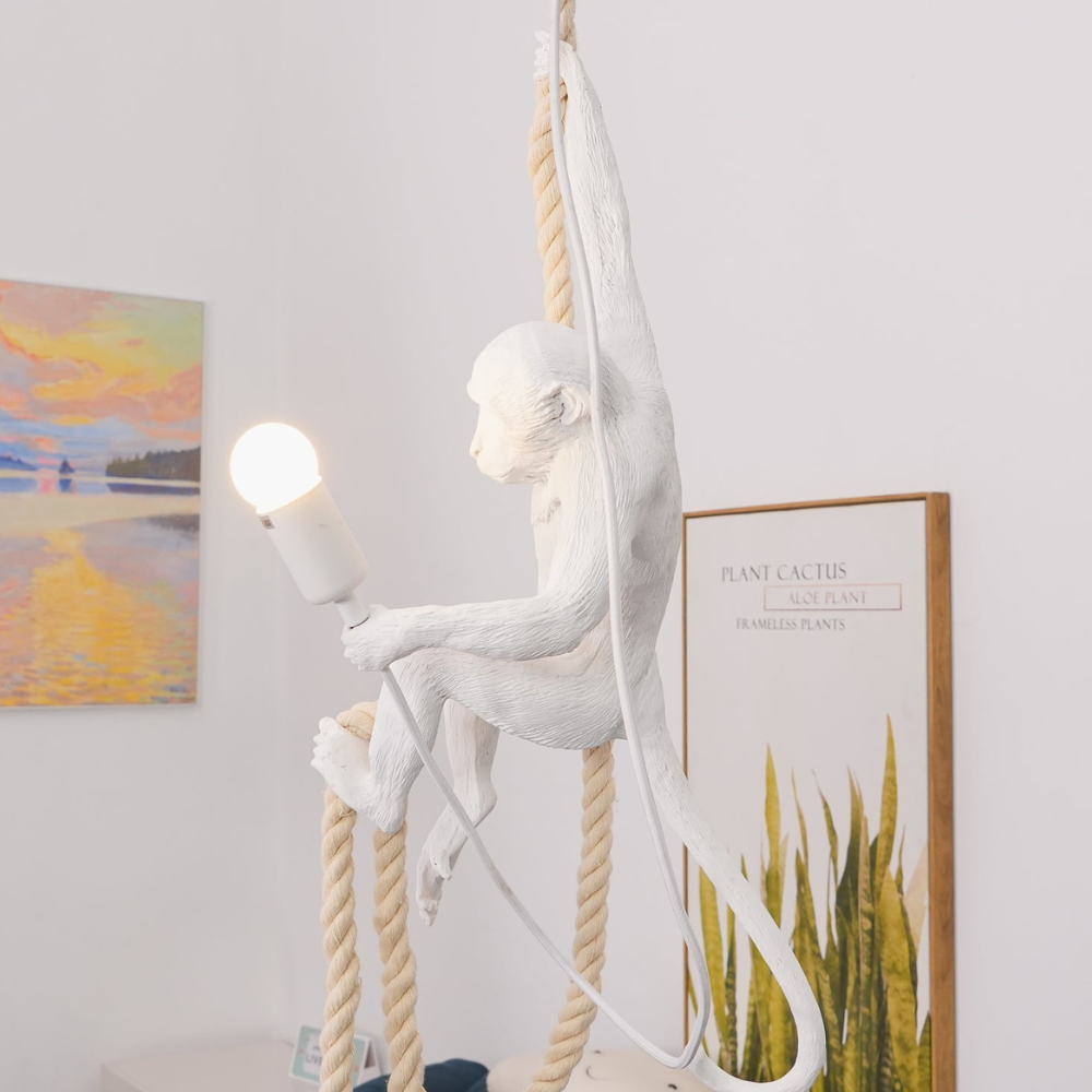 Whimsical Climbing Monkey Rope Pendant - Sculptural Animal Art Hanging Lamp