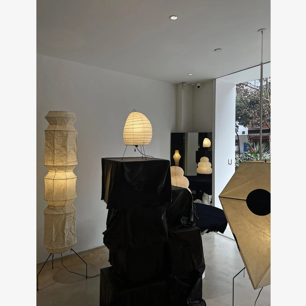Floor Lamp with Stacked Mulberry Paper Lantern Column and Iron Wire Legs