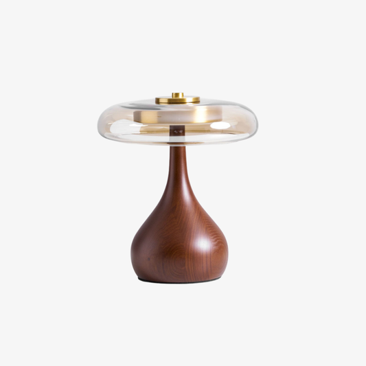 Mid-Century Modern Amber Glass and Walnut Wood LED Mushroom Table Lamp