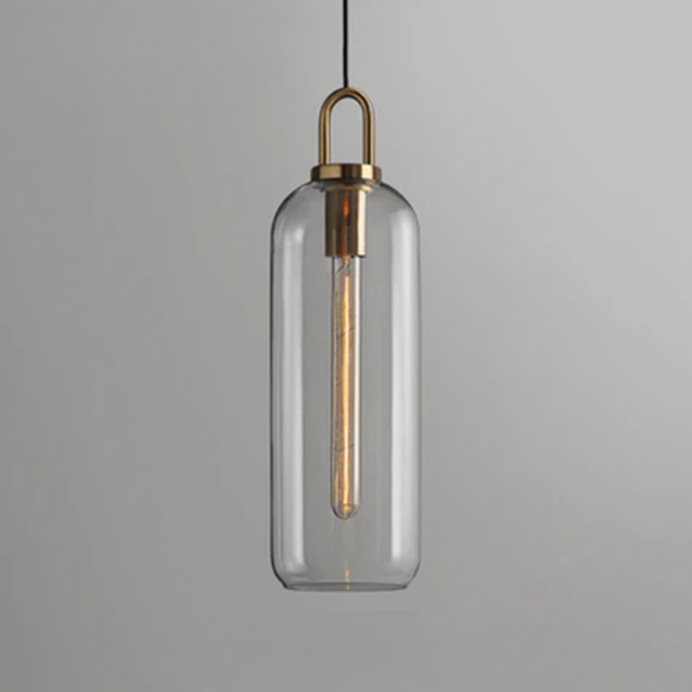Globe and Capsule Glass Pendant Light with Brass Arch - Modern Style