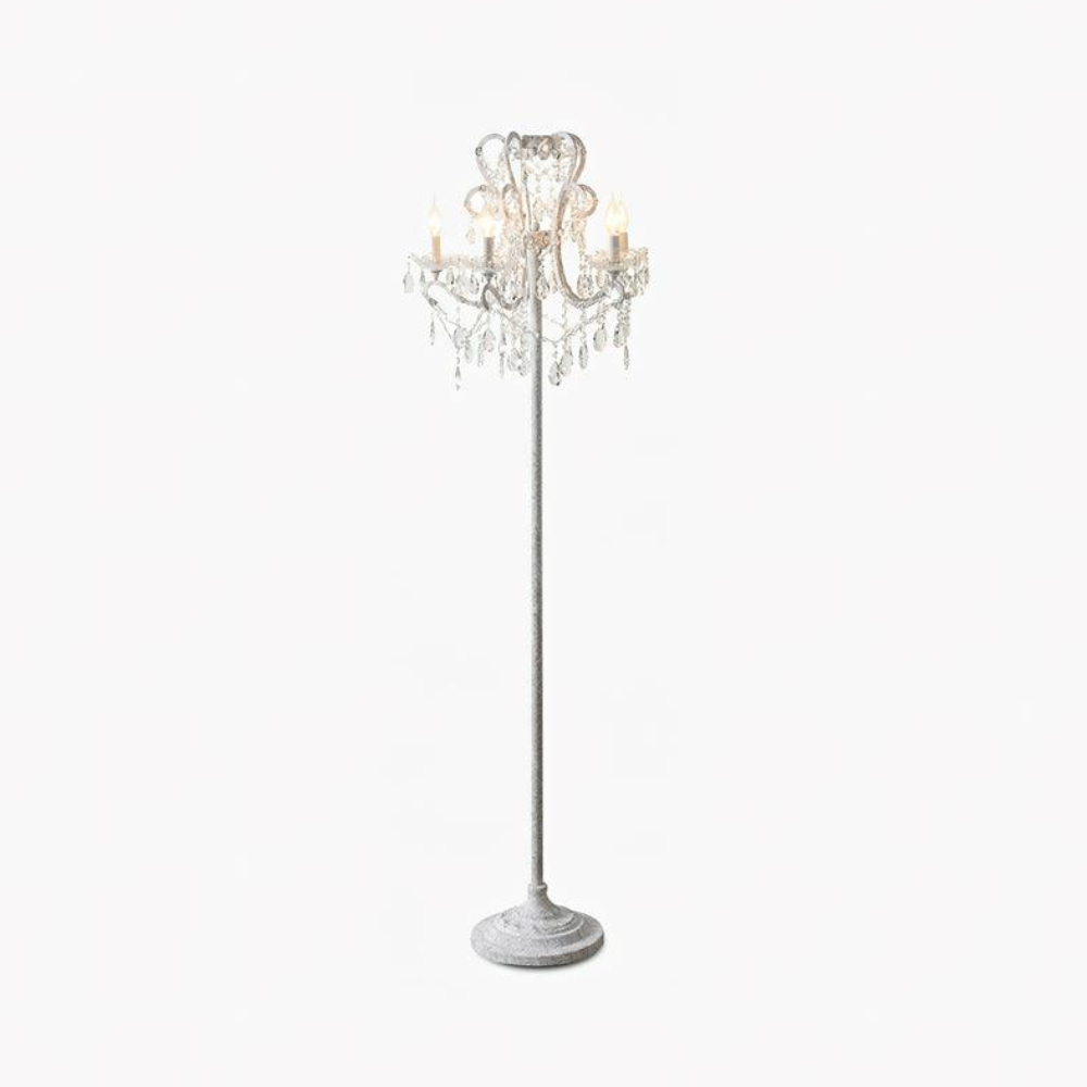 Dimmable Floor Lamp with Ornate Iron Scrollwork and Faceted Crystal Strands