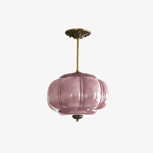 Ribbed Pumpkin Hanging Lamp with Ornate Metalwork - Mid Century Design