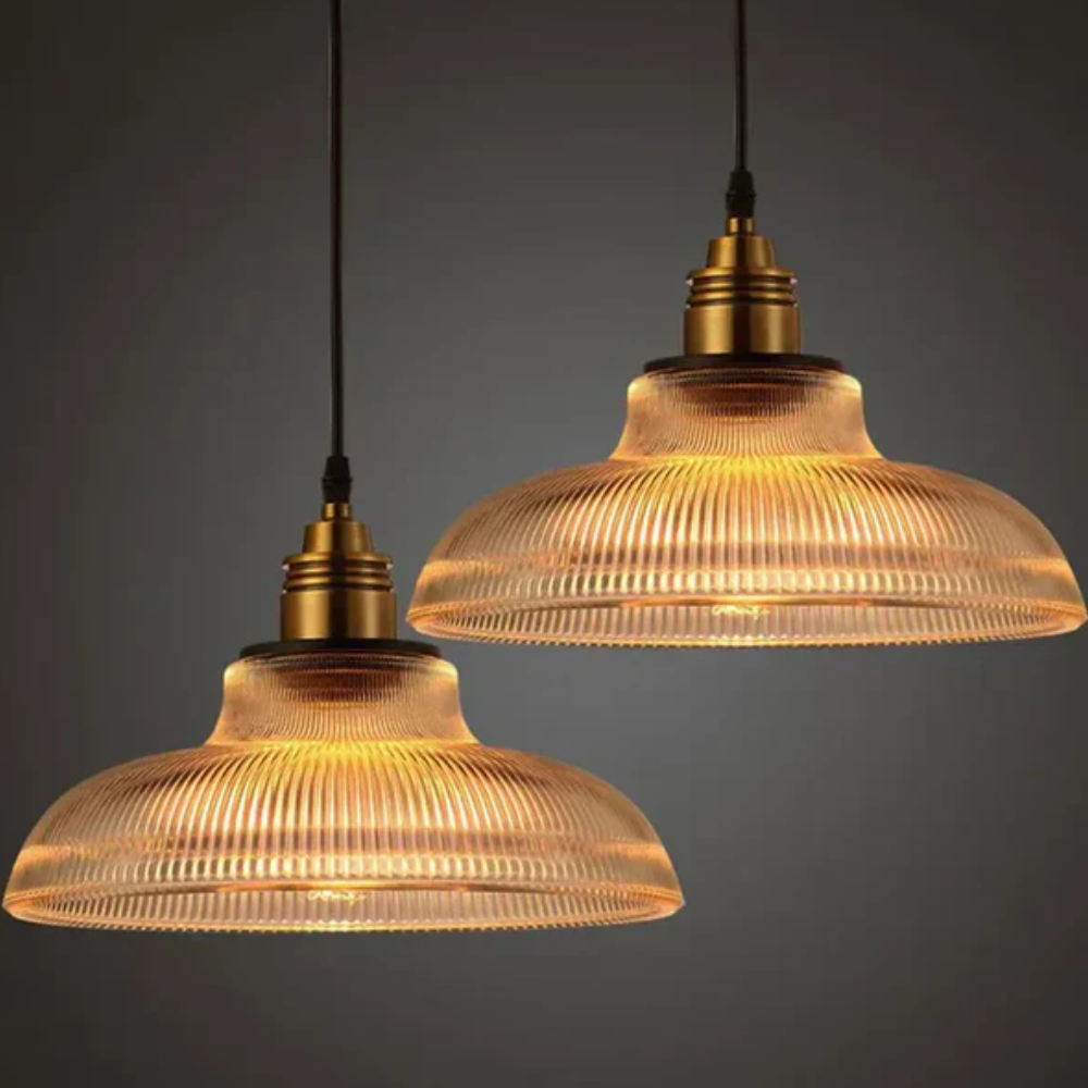 Ribbed Glass Pendant Light with Brass Hardware - Modern Farmhouse Style