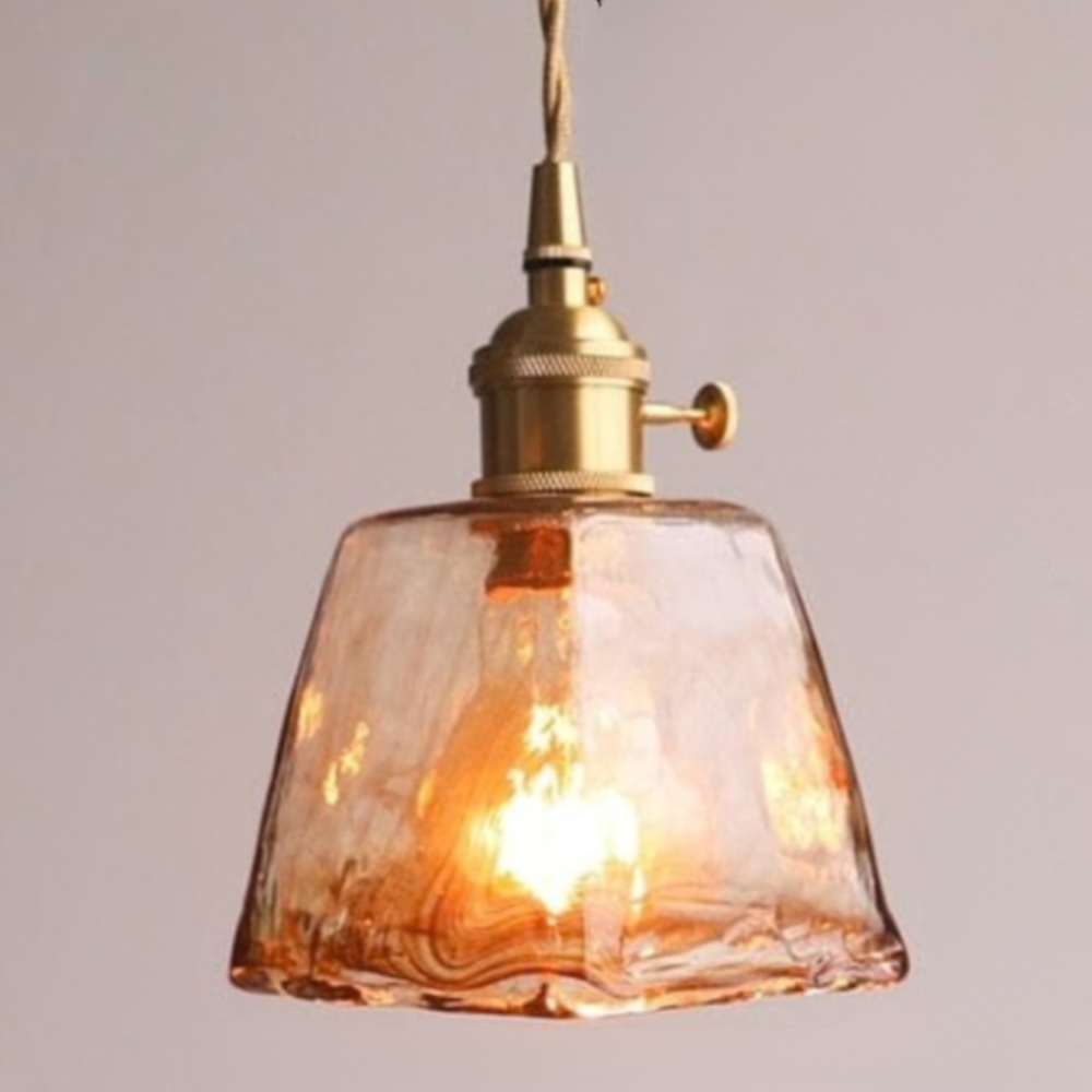 Hammered Glass Pendant Light with Rippled Texture - Vintage Brass Style