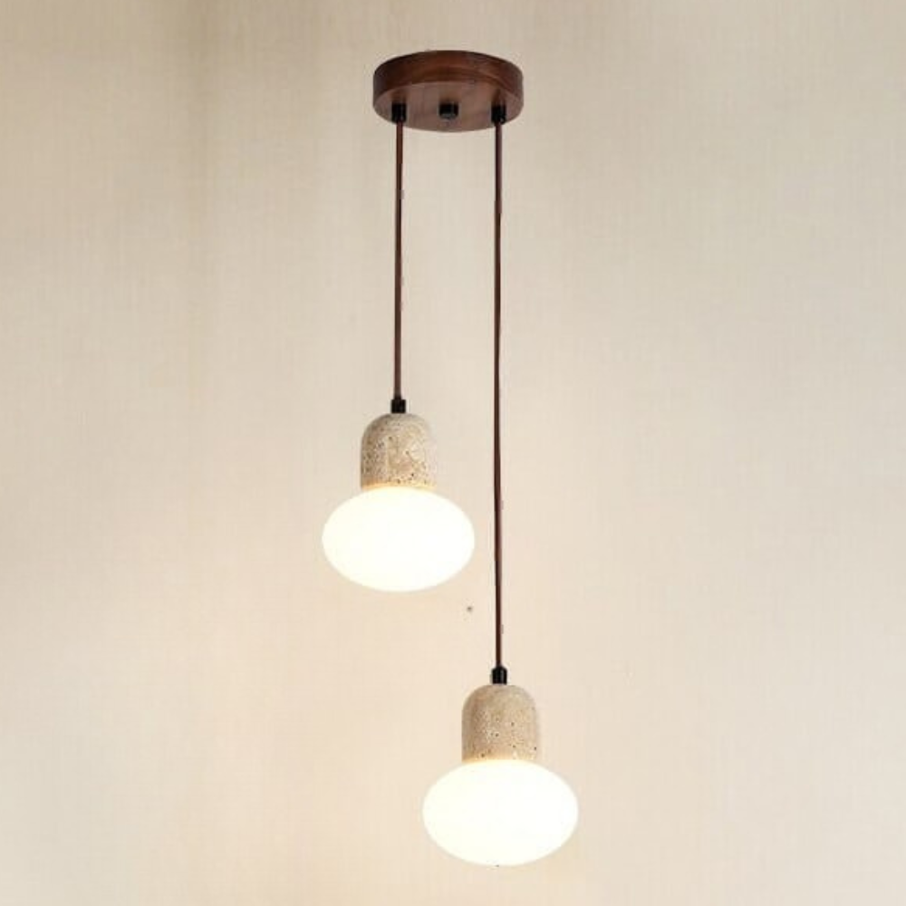 Wabi-Sabi Travertine Style Pendant Light with Solid Wood - Modern Earthy Decor