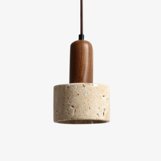 Wabi-Sabi Travertine Style Pendant Light with Solid Wood - Modern Earthy Decor
