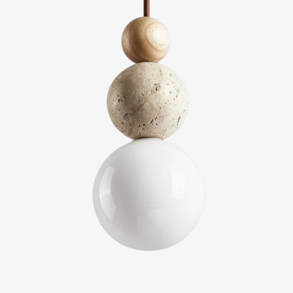 Wabi-Sabi Stacked Sphere Pendant Light - Travertine Stone, Wood, and Glass