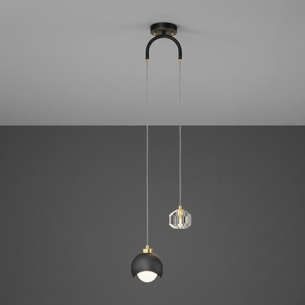 Dual Staggered Pendant Light with Crystal and Metal Orbs - Modern Nordic Art