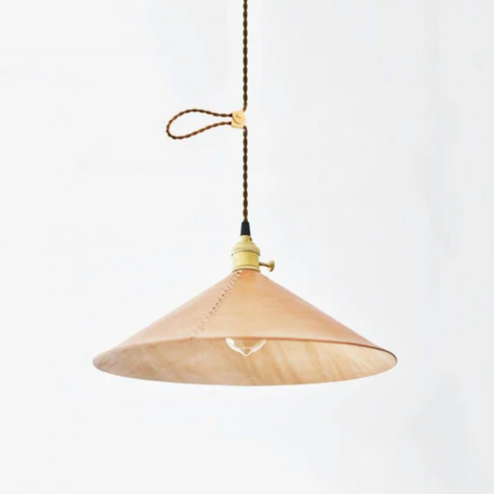 Modern Calf Leather Cone Pendant Light - Hand-Stitched Artisanal Hanging Lamp